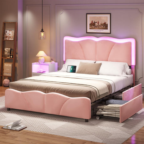 MSmask Full Size Bed Frame with 4 Storage Drawers and LED Lights, Velvet Upholstered Platform Bed Frame with Height Adjustable Headboard, LED Bed Frame with Type C & USB, No Box Spring Needed, Pink MSmask