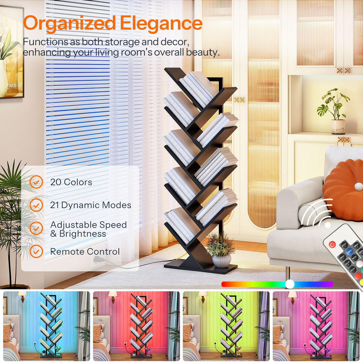 HOOBRO Tree Bookshelf, 9-Tier Bookcase with LED Lights, Space-Saving Book Shelf, Holds Books, CDs, Floor Standing Bookcase for Office, Living Room, Bedroom, Black BB08DSJ01 HOOBRO