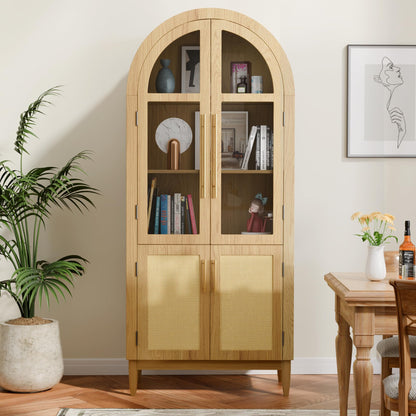 infurnic Arched Storage Cabinet 71”Tall Modern Farmhouse Stylish Kitchen Cabinet with Glass Doors, Solid Wood Legs, and Storage Shelves for Living Room, Dining Room or Office, Oak