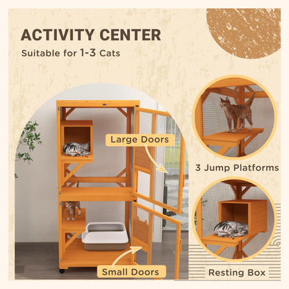 PawHut Wooden Catio with Waterproof Roof, Large Cat House with High-Up Resting Box, Indoor & Outdoor Cat Enclosure with Wheels, for 1-3 Cats, Orange - WoodArtSupply