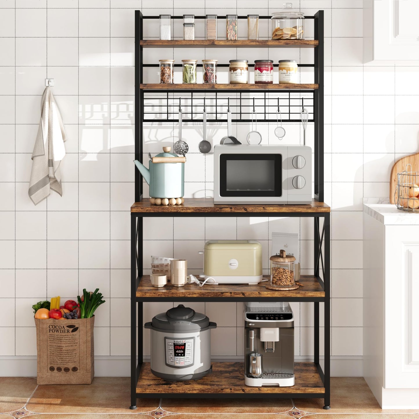 IDEALHOUSE Rustic Brown Kitchen Bakers Rack with 5-Tier Storage & Microwave Stand - WoodArtSupply