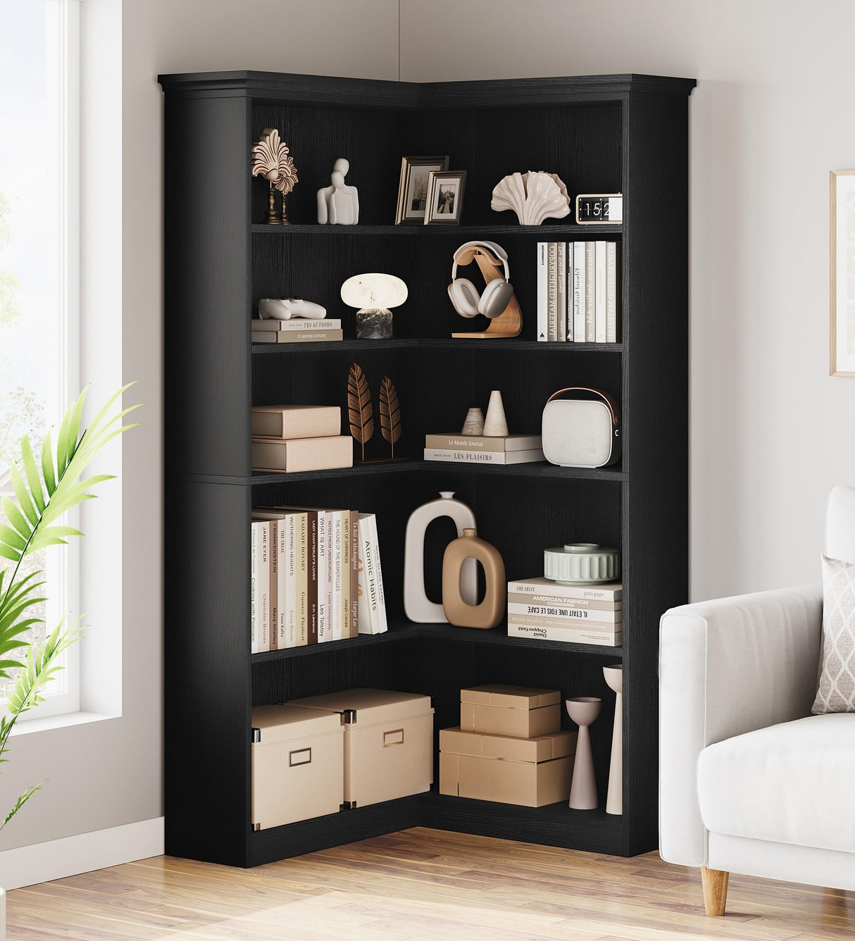 IDEALHOUSE Corner Bookshelf 72.8in Farmhouse Bookcase Large Bookshelf Wood Bookcase Tall 5 Tier Corner Shelf L Shaped Bookshelfs Storage Display Rack Living Room Bedroom (Black Full Panel) IDEALHOUSE