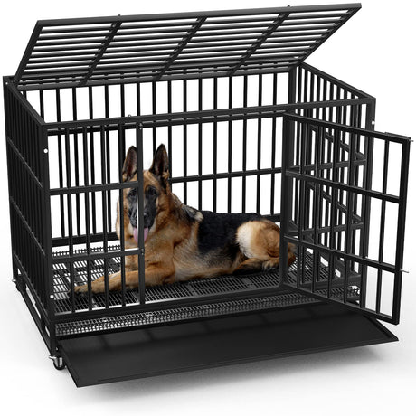 LEMBERI 48/38 inch Heavy Duty Indestructible Dog Crate, Escape Proof Dog Cage Kennel with Lockable Wheels,High Anxiety Double Door,Extra Large Crate Indoor for Large Dog with Removable Tray LEMBERI