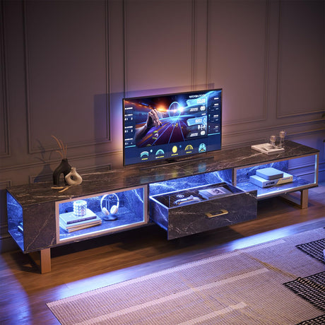 Bestier 80 Inch TV Stand for 65/75/85/90 Inch TVs, LED Gaming Entertainment Center with Open Storage and Half-Glass Design Drawer, Modern High Gloss Media Console for Living Room Bedroom, Black Marble Bestier