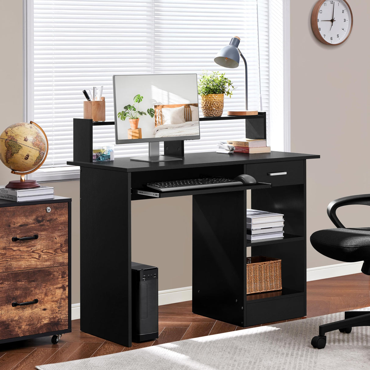 Yaheetech Home Office Wood Computer Desk with Drawers and Pull-Out Keyboard Tray, Study Writing Desk PC Laptop Table with Hutch and Storage Shelves, Modern Workstation, Black Yaheetech