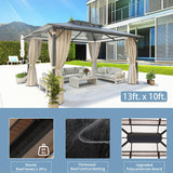 Aoxun 10'x13' Hardtop Gazebo, Outdoor Polycarbonate Double Roof Gazebo with Aluminum Frame Permanent Pavilion and Curtains & Netting for Backyard, Patio, Deck, Parties (Brown) Aoxun