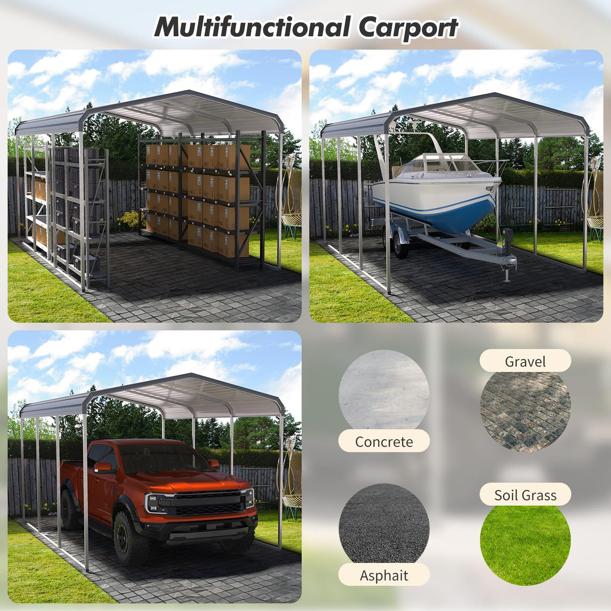 Outdoor Metal Carport, 10x15 Heavy Duty Carport, Car Shelter with Galvanized Metal Roof and Updated Frame, Canopy for Garage, Pickup, Boats and Tractors PhoenixCrest