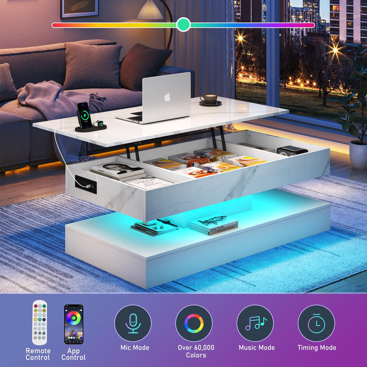 chartustriable 47.2" Large Lift Top Coffee Table with Charging Station, LED Modern High Glossy Center Table with Hidden Compartment Storage, White Lift Living Room Tables with Marbling Print, White chartustriable