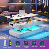 chartustriable 47.2" Large Lift Top Coffee Table with Charging Station, LED Modern High Glossy Center Table with Hidden Compartment Storage, White Lift Living Room Tables with Marbling Print, White chartustriable