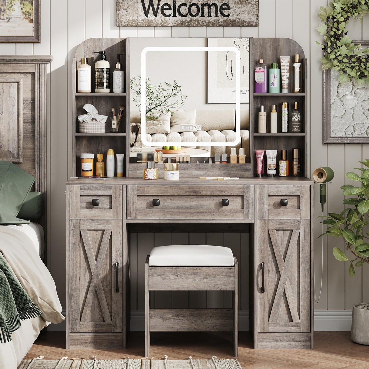 Vabches Makeup Vanity Desk, Vanity Mirror with Lights Desk and Chair,Makeup Table with 3 Large Drawers and 2 Cabinets, Time and Temperature Display, 3 LED Lighting Modes Adjustable, Grey Vabches