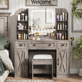 Vabches Makeup Vanity Desk, Vanity Mirror with Lights Desk and Chair,Makeup Table with 3 Large Drawers and 2 Cabinets, Time and Temperature Display, 3 LED Lighting Modes Adjustable, Grey Vabches