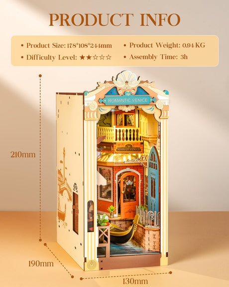 Rolife DIY Book Nook Kit for Adults, Miniature Dollhouse Booknook Kit, 3D Wooden Puzzle Creative Decorative Bookends Bookshelf Diorama Insert Crafts Hobbies Gifts (Romantic Venice) Rolife