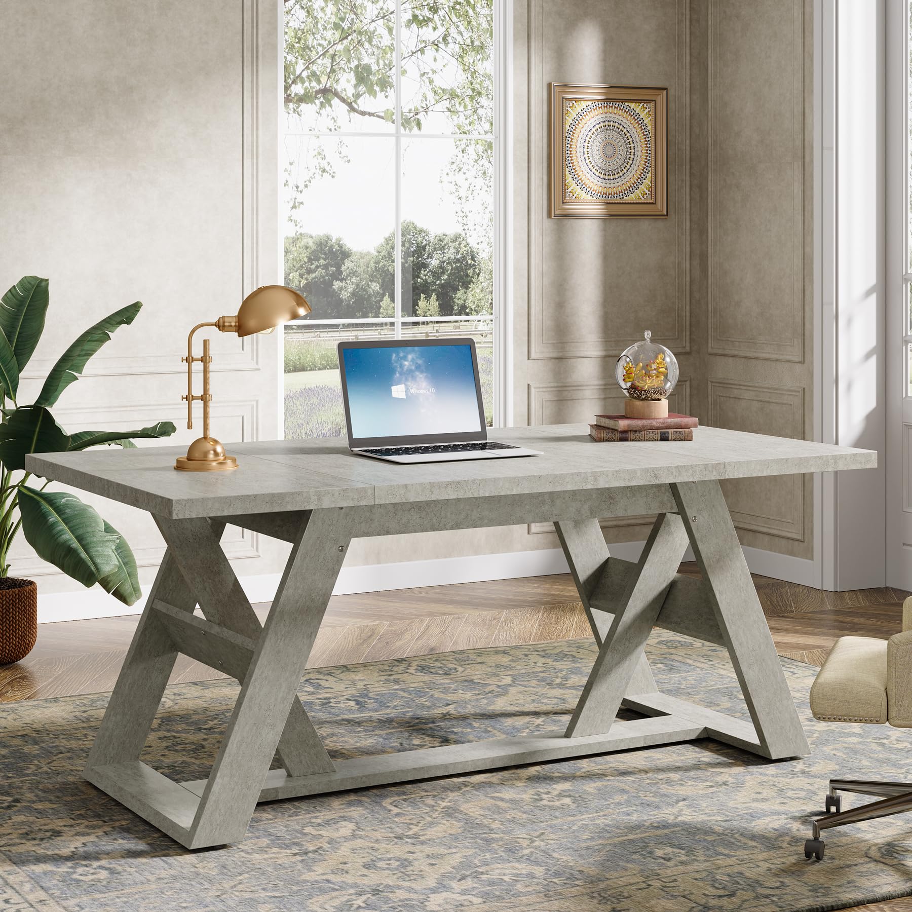 Tribesigns 70.9" Executive Desk, Farmhouse Home Office Desk with Double X-Shaped Base, Wood Large Computer Desk Writing Desk Small Conference Table, Gray - WoodArtSupply