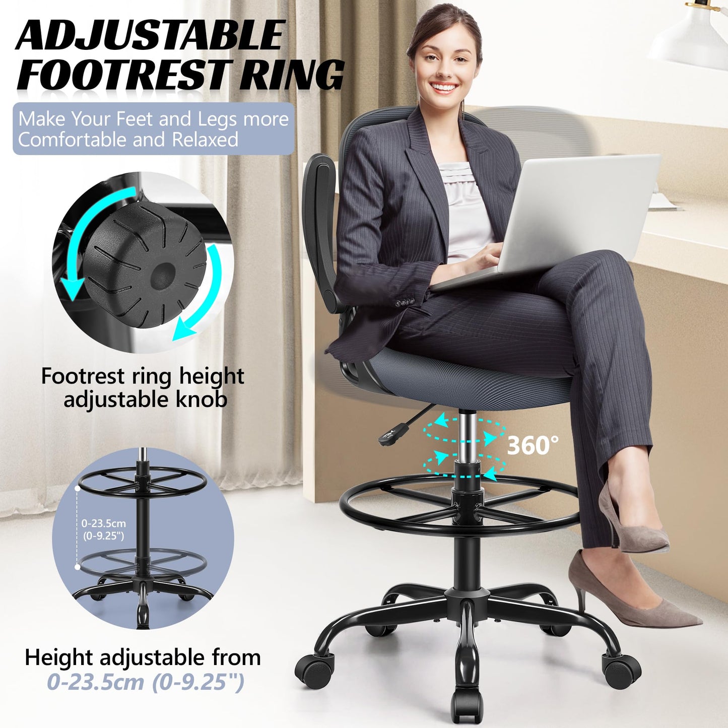 AtHope Drafting Chair, Tall Office Chair Ergonomic Standing Desk Chair,with Adjustable Footrest Ring, 3D Lumbar Support, Flip-up Armrests, Swivel Desk Stool for Drawing Working (Dark Gray) - WoodArtSupply