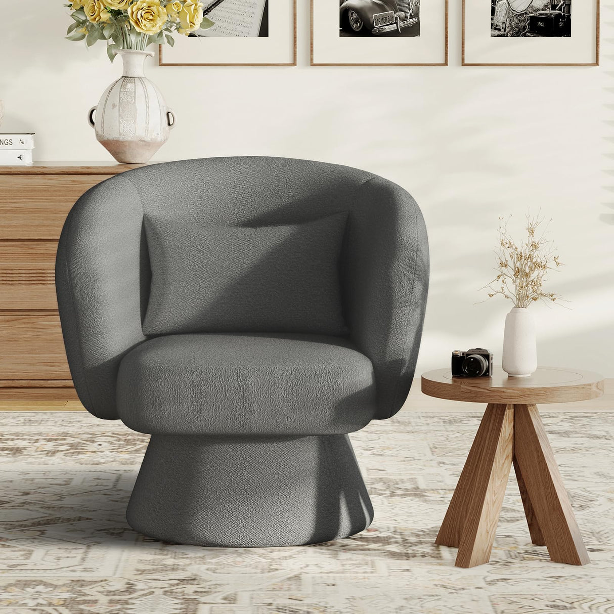 Swivel Accent Chair, Modern Upholstered Barrel Chair with 360° Swivel, Soft Teddy Fabric & Extra Lumbar Pillow, Stylish Round Accent Chair for Living Room, Bedroom, Nursery – Darkgrey,2PC COLAMY
