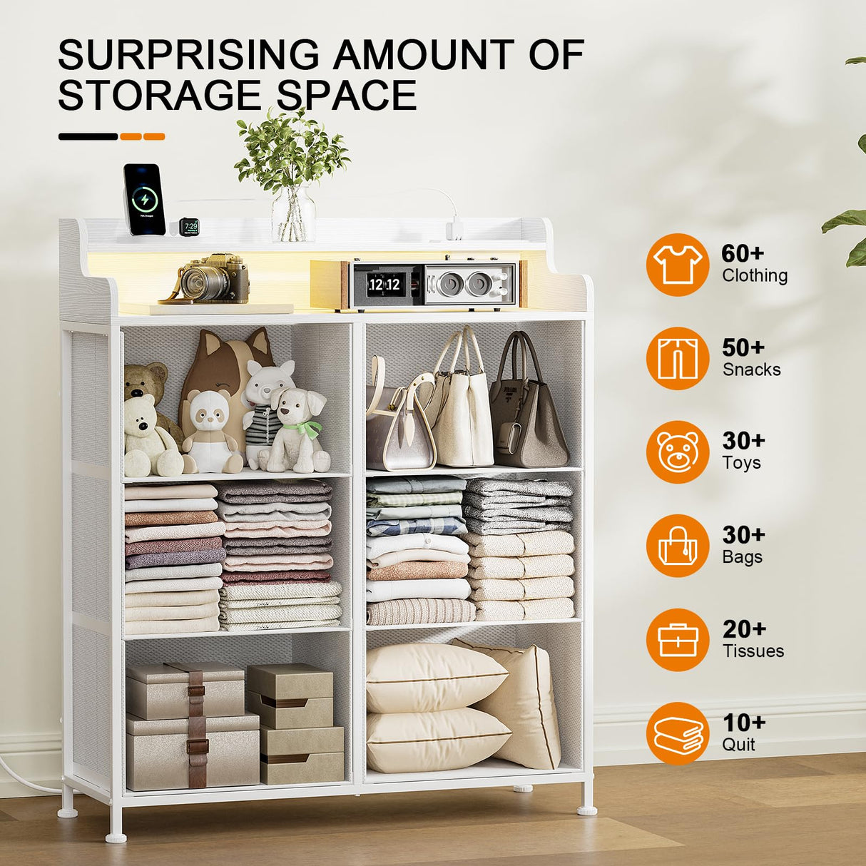 REAHOME Dresser for Bedroom with Charging Station and LED Lights, 6 Drawers Dresser TV Stand with Wooden Top, Tall Fabric Chest of Drawer with Sturdy Frame for Closet, Living Room, Hallway, White REAHOME