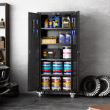 JAORD Metal Storage Cabinet Wheels,72'' Lockable Storage Cabinet with Wheels and Pegboard, Garage Cabinet with Doors and Shelves, Rolling Tool Cabinet for Office Home, Assembly Required(Black) JAORD