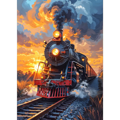 GDYEEH DIY 5D Steam Train Diamond Art Kits, Round Full Drill Vintage Train Diamond Painting Picture, Sunset Painting by Numbers Art Kits for Adults Beginners Home Wall Decor 12x16 inch GDYEEH