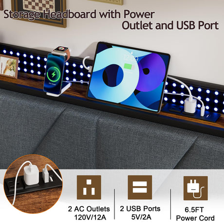 Furnulem Rustic Brown Queen Size Bed Frame with LED Headboard, USB Charging Station and Under-Bed Storage Furnulem
