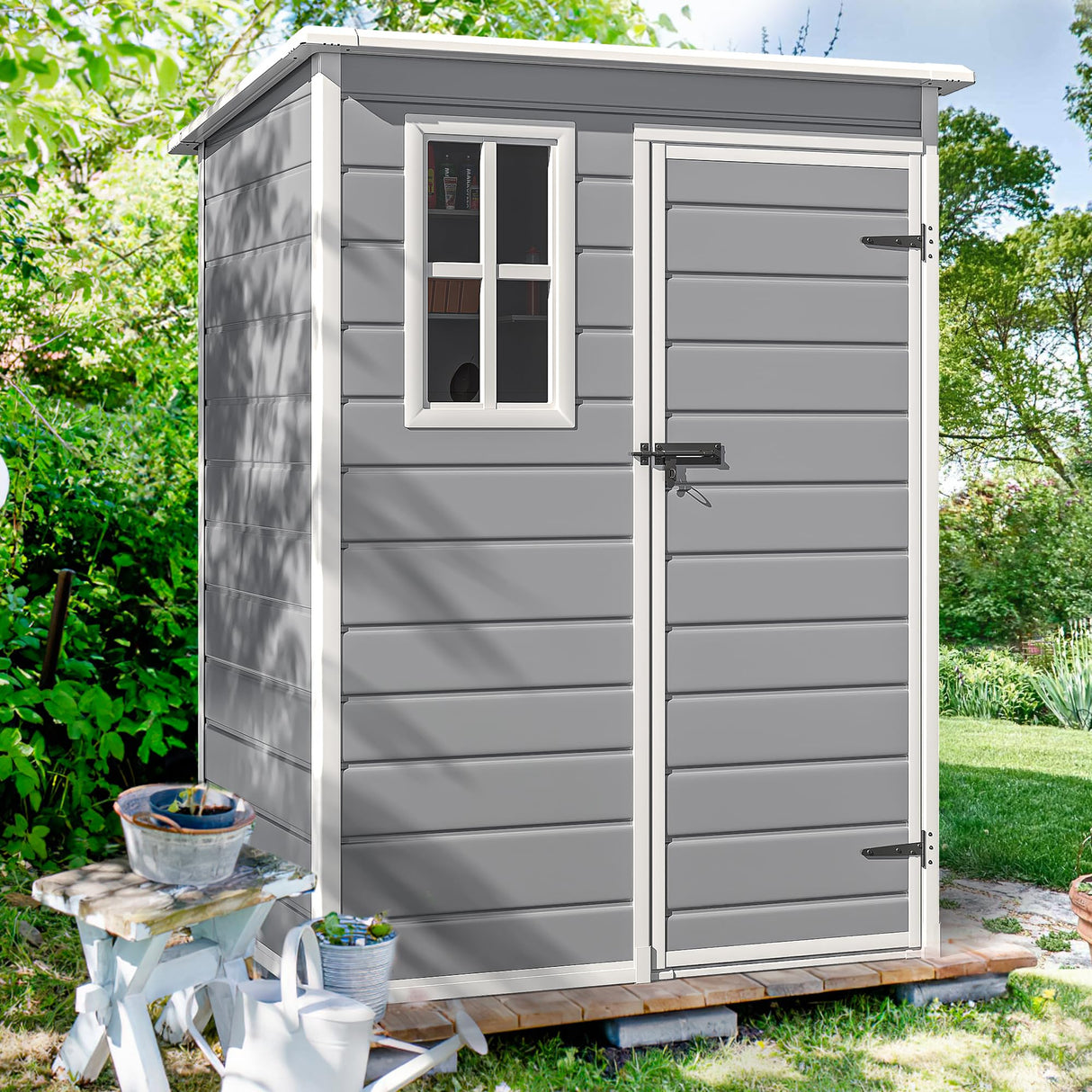 DWVO 5x3 FT Outdoor Storage Shed with Reinforced Floor, All-Weather Resin Storage Shed with Lockable Door & Window, Waterproof Plastic Tool Storage for Garden, Backyard, Patio, Lawn DWVO