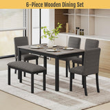 Zevemomo 6-Piece Solid Wood Dining Table Set, Including 1 Dining Table, 4 Upholstered Chairs and 1 Bench, Wooden Legs Dining Table Set for Dining Room, Kitchen, Restaurant, Dark Grey Zevemomo