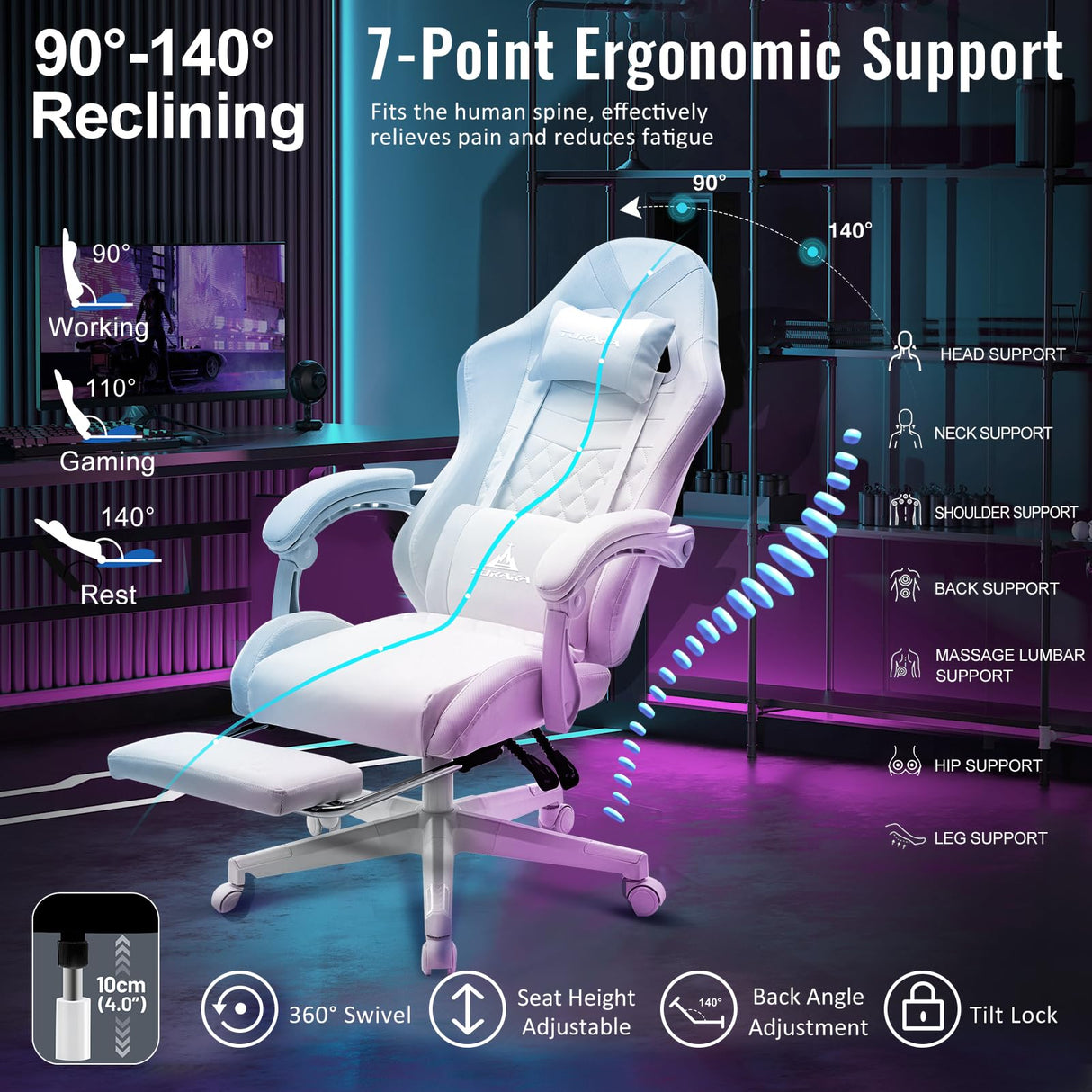 TUKAKA White Gaming Chair,Ergonomic Massage Computer Office Desk Chair with Footrest,Pocket Spring Cushion,Reclining Leather Adjustable Gamer Chair with Headrest and Lumbar Support,White TUKAKA