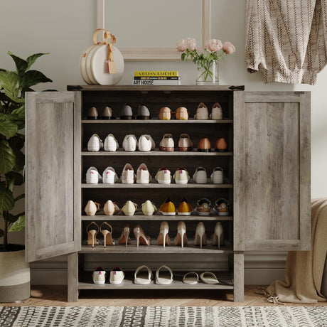 Maupvit 6-Tier Shoe Cabinet with Doors, Farmhouse Shoe Storage Cabinet with Adjustable Shelves, Shoe Shelf, Wooden Shoe Rack Organizer Cabinet for Entryway, Foyer, Hallway, Living Room, Grey Maupvit