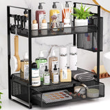 VITVITI 2 Tier Bathroom Organizer Countertop with Drawer, Metal Mesh Bathroom Counter Vanity Organizer Storage, Bath Room Shelf Sink Kitchen Spice Rack with Basket Hooks, Black VITVITI