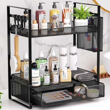 VITVITI 2 Tier Bathroom Organizer Countertop with Drawer, Metal Mesh Bathroom Counter Vanity Organizer Storage, Bath Room Shelf Sink Kitchen Spice Rack with Basket Hooks, Black VITVITI