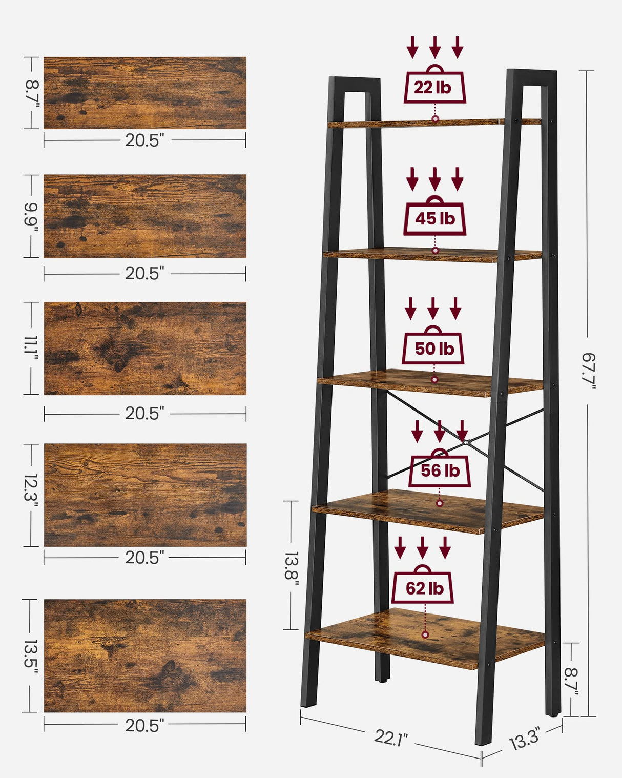 VASAGLE Rustic Brown 5-Tier Ladder Shelf - Durable Storage Rack with Steel Frame VASAGLE