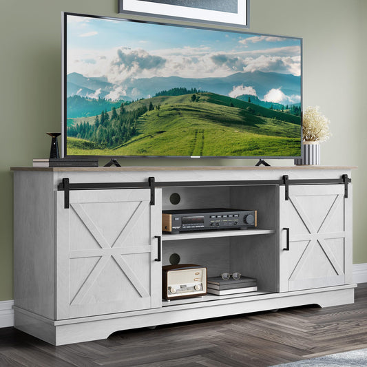 YITAHOME Farmhouse TV Stand for TVs up to 65 Inch, Entertainment Center with Sliding Barn Doors and Storage Cabinet, Rustic TV Media Console for Living Room, Grey White & Grey Wash