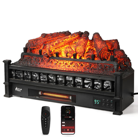 TURBRO Eternal Flame 26 in. WiFi Infrared Quartz Electric Fireplace Log Heater with Sound Crackling, Realistic Pinewood Logs, Adjustable Flame Colors, Remote Control, Thermostat, Timer, 1500W Black TURBRO