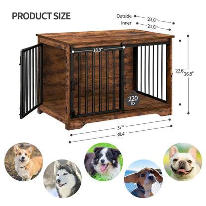 Hzuaneri Dog Crate Furniture, 39.4" Double Door Dog Crate with Barn Door, Dog Kennel Indoor, End Side Table Wooden Dog Crate for Small Medium Large Dog, Anti-Chew Anti-Escape, Rustic Brown - WoodArtSupply