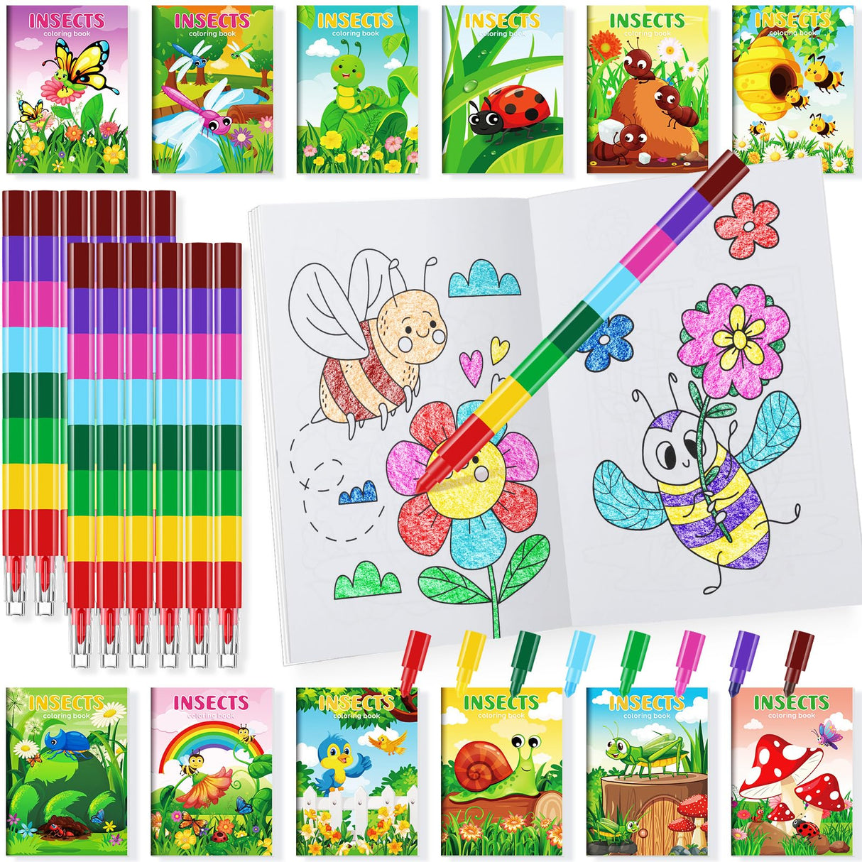 BenLouis 24 Insects Mini Coloring Books Kids with 24 Stacking Crayons Spring Bugs Party Favors Activity Books Bulk for Kids Butterfly Bee Goodie Bag Gift Stuffer Classroom Reward BenLouis