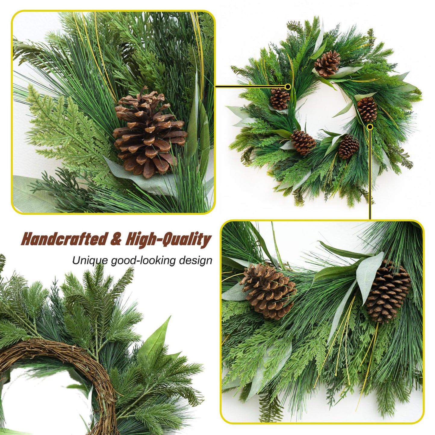 Winter Wreaths for Front Door, Soomeir Evergreen Christmas Wreath with Pine Cones Needles and Leaves, Year Round Decorations for Wall Windows Mantle Indoor Outdoor