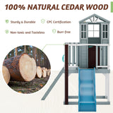 HOMMOW Kids Outdoor Playhouse, Cedar Wooden Outdoor Playhouse with Slide,Growth Chart,Interactive Play Kitchen,Installation Manual and Videos, Blue Grey HOMMOW