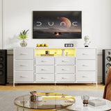 Patikuin 63" Dresser TV Stand for 65 70 75 Inch TV, Fabric Chest of Drawers with Charging Station, LED Lights, Open Shelves & 12 Drawer Dresser, Modern Entertainment Center, White Patikuin