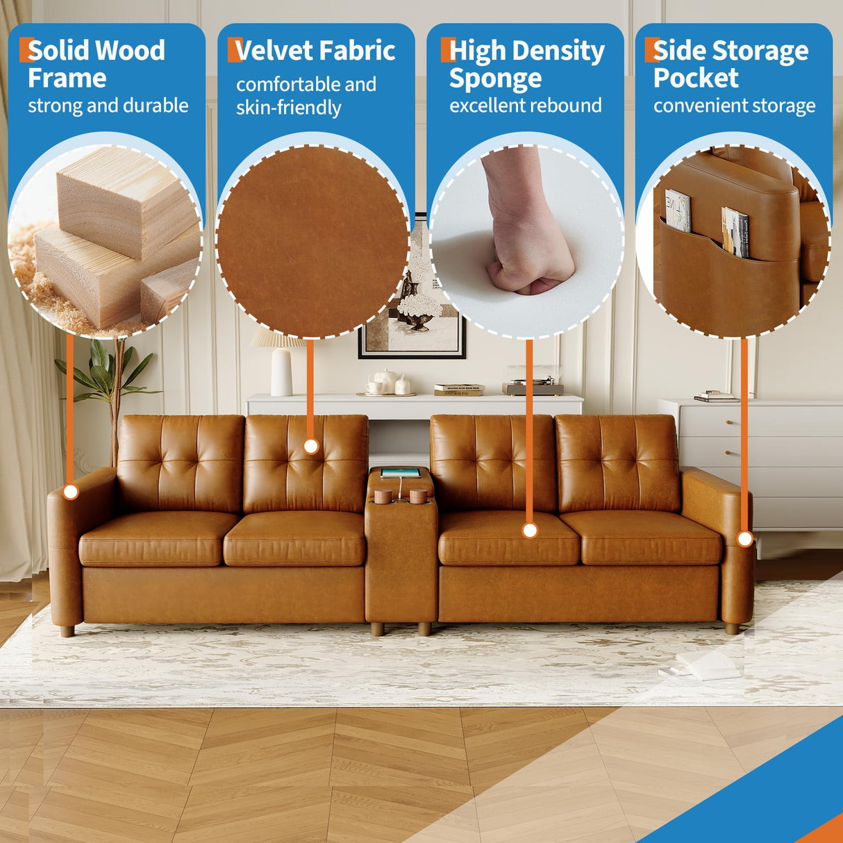 Faux Leather 4-Seater Sectional Sofa, 115” Brown PU Compact Couch with Storage Console, Charging Station & Cup Holders, Deep Seat Couch for Family Rooms, Apartments & Small Spaces SunnyFurn