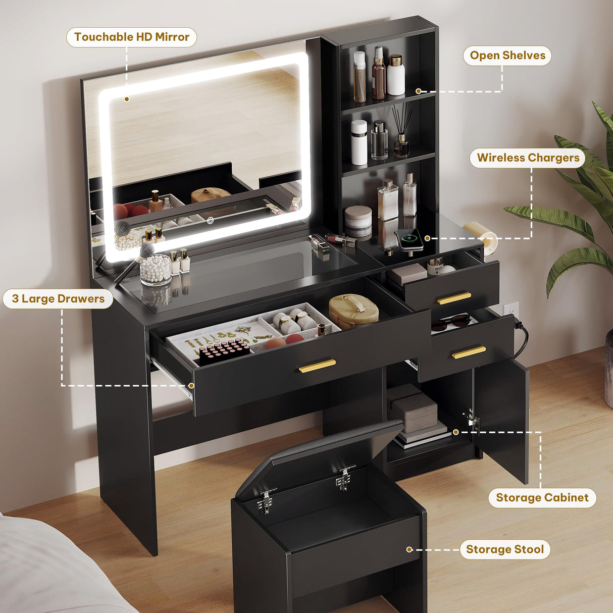 YITAHOME Vanity Desk Set, with Wireless Charging Station &Power Outlet, Vanity Mirror with Tempered Glass Top & Large Storage Spaces Vanity Table Set, Black YITAHOME