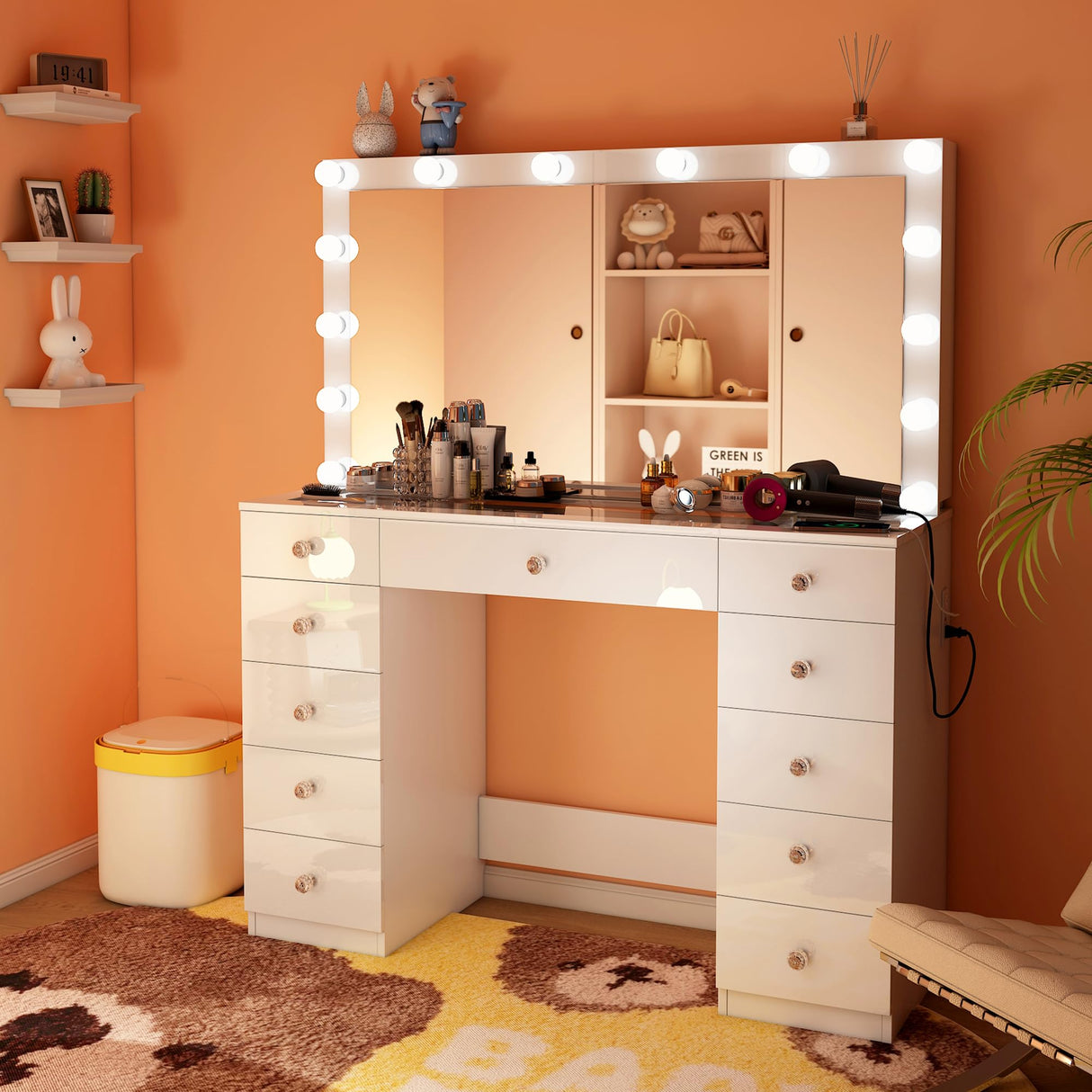 Vanity Desk with Power Outlet, Makeup Vanity with Mirror and 14 LED Light, 3 Lighting Modes,11 Drawer Vanity Table with Sliding Jewelry Storage, Glass Top, Specular Surface, White wanan