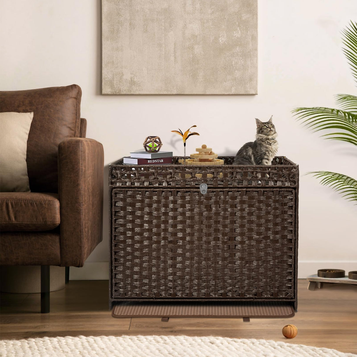 DOVEAID Cat Litter Box Enclosure Furniture Hidden, Pet House Litter Box Furniture for Large Cats, Handwoven Rattan with Door Cat Washroom Box, Indoor Cat House Storage with Soft Litter Mat, Brown DOVEAID