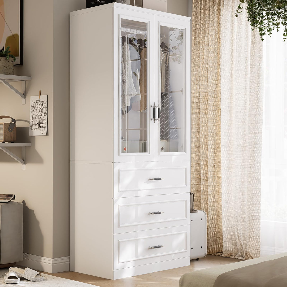 MEISSALIVVE Armoire Wardrobe Closet with 2 Door & 3 Drawers, 74.8" Large Wardrobe Cabinet with Hanging Rod, Freestanding Modern Bedroom Armoire Storage Cabinet, White MEISSALIVVE