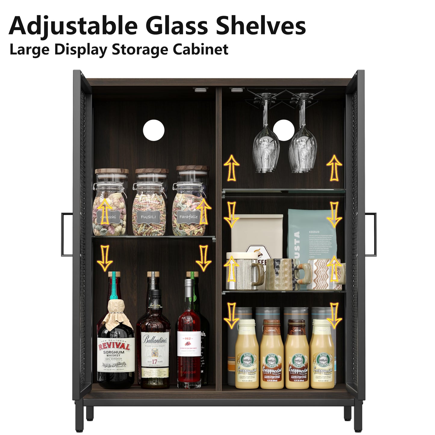 Furniouse Small Bar Cabinet with Storage, Small Wine Bar Cabinet with Glass Shelves & Doors, Industrial Liquor Cabinet with Led Light for Home, Rustic Buffet Sideboard Cabinet