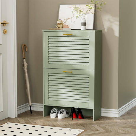Glavbiku Shoe Storage Cabinet with 2 Flip Drawers, Louvered Shoe Cabinet for Entryway, Narrow Hidden Storage Organizer Space Saving, Shoe Rack Cabinet for Hallway Foyer, Green Glavbiku