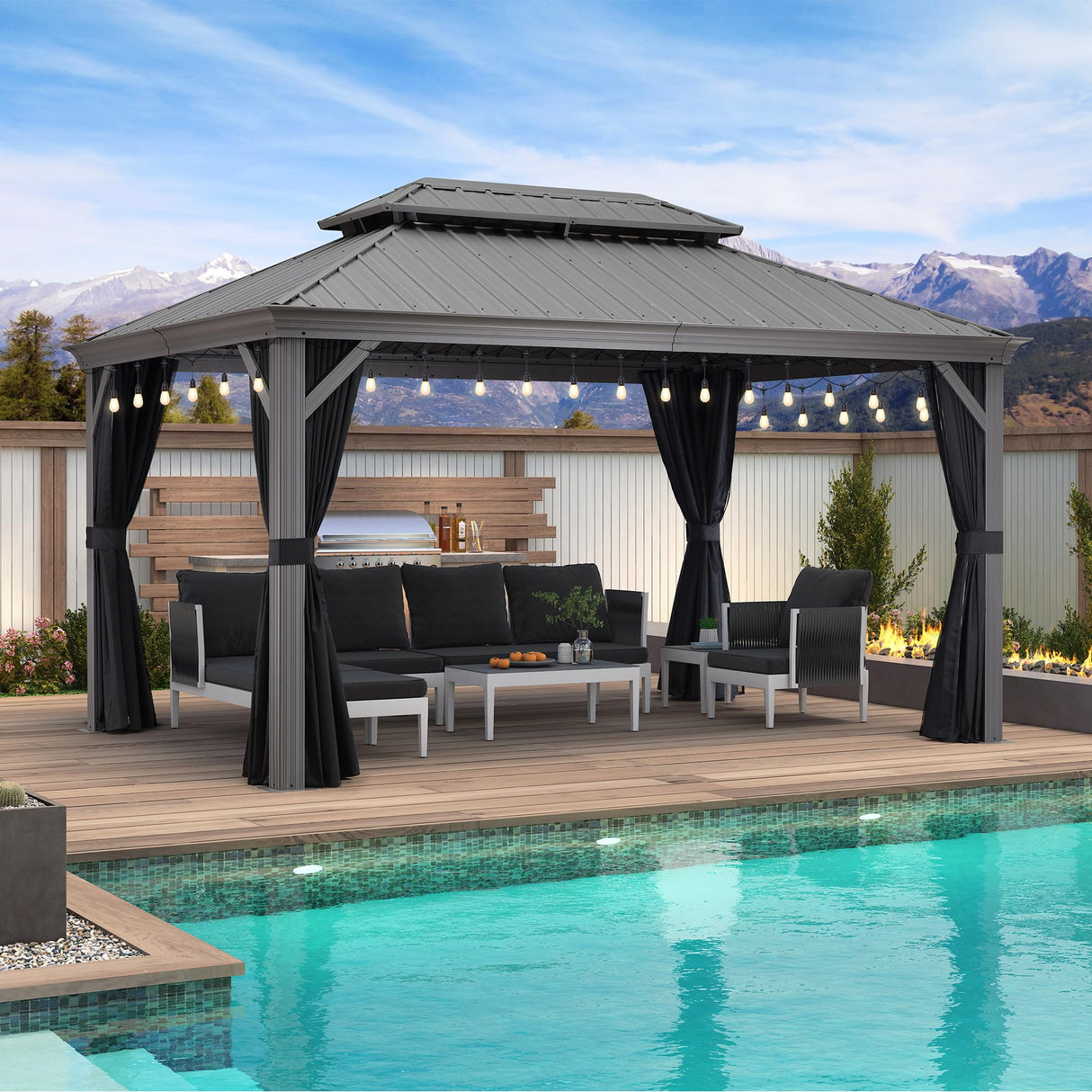 PURPLE LEAF 10' x 14' Hardtop Gazebo with String Lights Galvanized Steel Double Roof Gazebo with Aluminum Frames Outdoor Large Pavilion Gazebo for Patio Deck Garden, Light Grey PURPLE LEAF