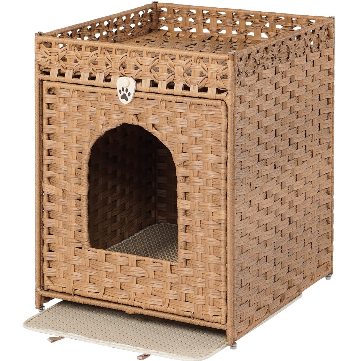 Snughome Cat Litter Box Enclosure Furniture Hidden with Cat Litter Mat, Hidden Cat Washroom Furniture with Door, Handwoven Rattan Cat Washroom Box, Indoor Pet House for Living Room, Bedroom(Natural) Snughome