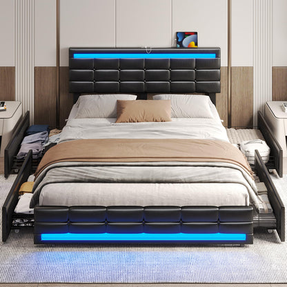 Elegant ADORNEVE Queen Bed Frame with LED Lights, Leather Platform and Storage Drawers, Adjustable Headboard, No Box Spring Needed - Black - WoodArtSupply