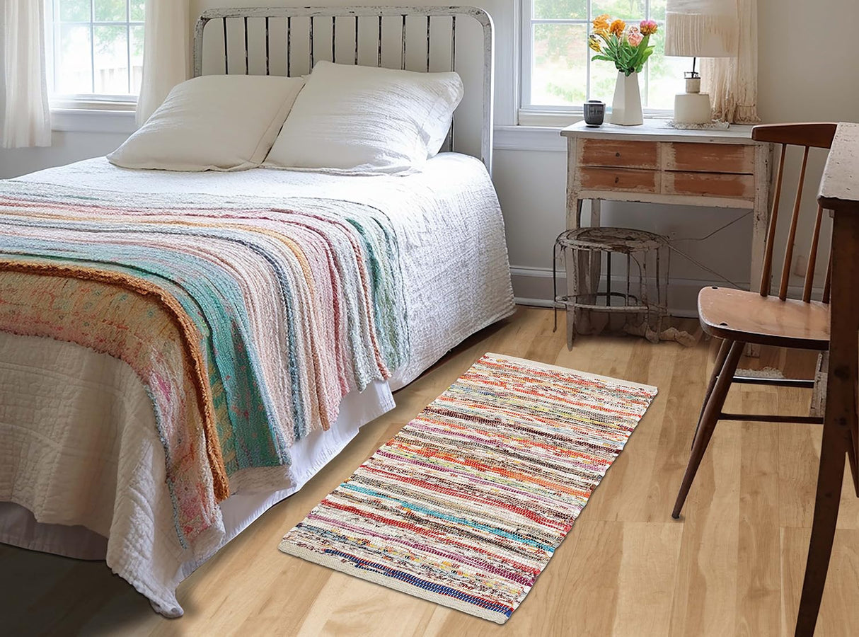 COTTON CRAFT Cotton Chindi Rag Rug - 2 Pack - Boho Farmhouse Rustic Area Accent Throw Rug - Handwoven Reversible Natural Recycled Yarn - Living Room Den Study Home Décor Gift -20 x 32 in - Multi Color COTTON CRAFT
