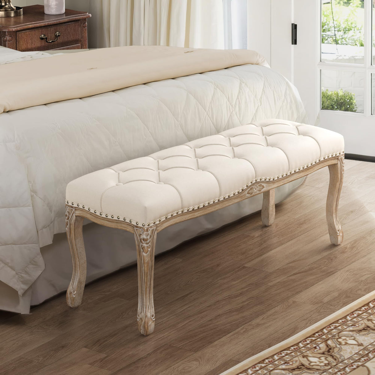 Cozyman Bedroom Bench, French Vintage Tufted Entryway Bench, 45.2" Carving Upholstered End of Bed Bench with Distressed Wood Legs, Linen Ottoman Bench Seat for Living Room, Foyer, Dining Room, Beige Cozyman