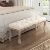 Cozyman Bedroom Bench, French Vintage Tufted Entryway Bench, 45.2" Carving Upholstered End of Bed Bench with Distressed Wood Legs, Linen Ottoman Bench Seat for Living Room, Foyer, Dining Room, Beige Cozyman